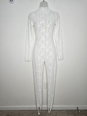 Naked Wardrobe White Lace Catsuit Stirrup Bodysuit Long Sleeve S NWT